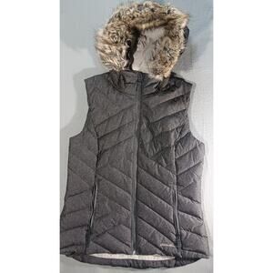 Eddie Bauer Women’s Hooded Down Vest M Gray Faux Fur Trim Winter Puffer Warm